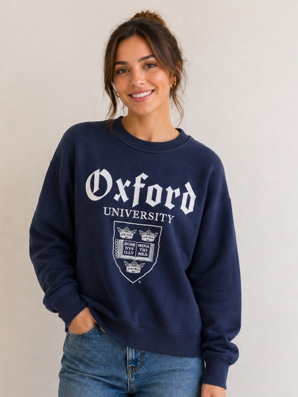 Oxford University Navy Crewneck Sweatshirt | Collegiate Graphic Pullover XXS